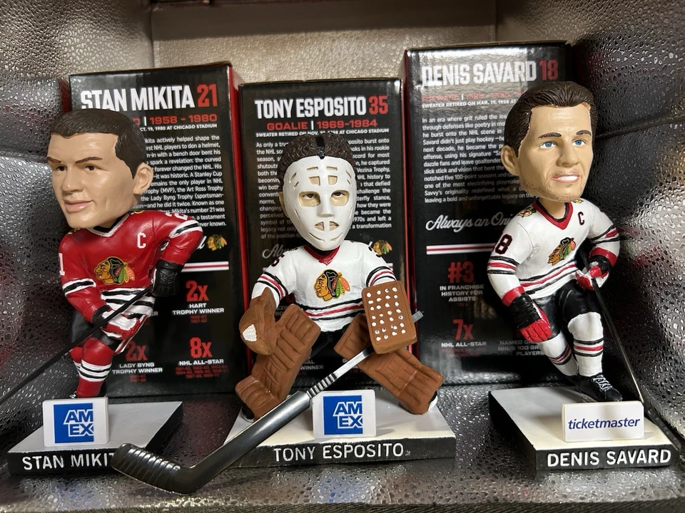 🏒Tony Esposito ,S Mikita , Denis Sav Chicago Blackhawks Bobblehead 11/15/25 SGA - Image 1 of 1