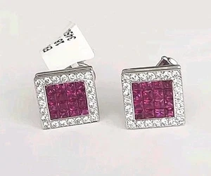 18k White Gold Ruby & Diamond earrings Clip Or Post - Picture 1 of 15