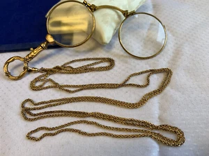 Antique Folding Lorgnette Glasses Gold Plated w/ 50" Chain Prescription Strength - Picture 1 of 24