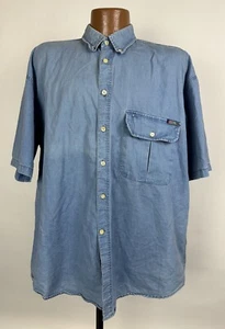 Vintage 90s Denim Shirt Men Large Short Sleeve Button Up Faded Blue Cutter Buck - Picture 1 of 16