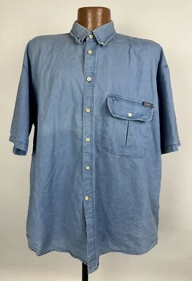 Vintage 90s Denim Shirt Men Large Short Sleeve Button Up Faded Blue Cutter Buck - Image 1 of 4