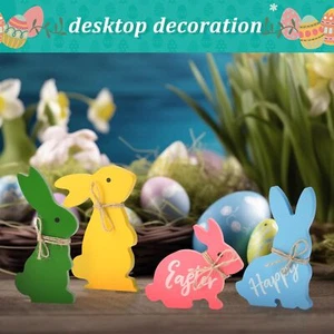 Easter Decorations Indoor Tabletop Cute Bunnies Rabbits Wooden Signs Gift 4PCS - Picture 1 of 12