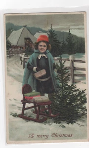 POST CARD Christmas girl sled tree embossed 1914 Brampton ON to Chilliwack BC - Picture 1 of 3
