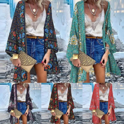 Boho Floral Kimono Sleeve Beach Cover Up Women's Front Open Cardigan Outwear ♪ - Image 1 of 4