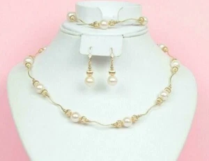 Massives 14k Gelbgold bezauberndes echtes weißes Perlen Set - Bild 1 von 5