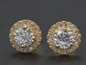 14k Solid Yellow Gold 1.50ct Round Brilliant Halo Stud Earrings - Picture 1 of 4