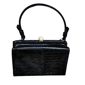 VTG AFTER FIVE Leather Clutch Gold and Rhinestone Clam / Attached Coin Purse - Picture 1 of 8
