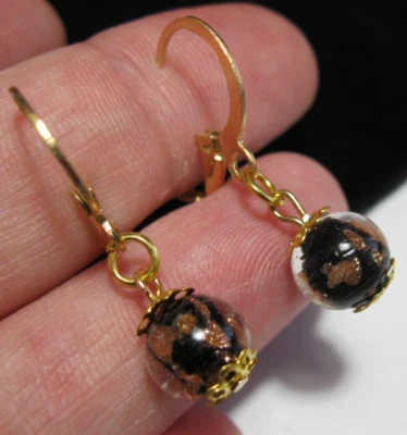 Black Venetian Italian Murano Glass Gold Foil Bead Vintage Style EARRINGS - Image 1 of 4