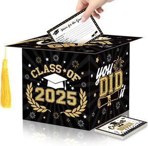 Class of 2025 Graduation Card Box Black Gold Congrats Grad Cap Shaped Card Holde - Picture 1 of 12