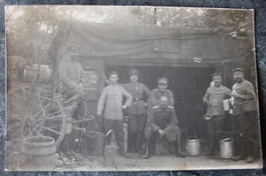 Postcard group photo in front of kitchen shelter, LIR 82 8. Battalion Landwehr, 1916, 1st WWII - Picture 1 of 2
