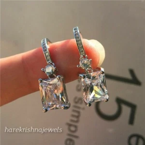 Lab Created 2.25CT Radiant Cut Diamond Drop Earrings 14K White Gold Finish - Picture 1 of 4