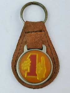 Vintage #1 Finger Pointing Up leather keychain keyring metal back Brown - Picture 1 of 4