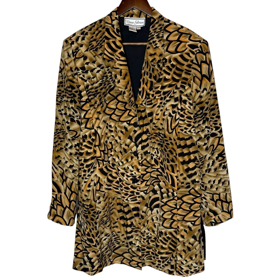 Винтажный Diane Gilman 90-х шелк животных печать длинный блейзер куртка размер большой - Изображение 1 из 4