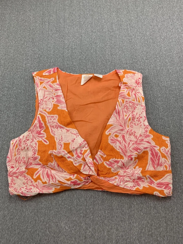 C&C California Crop Top Womens Medium Orange Pink Linen Floral Cat Print Tank - Image 1 of 4