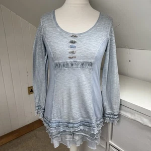 Elisa Cavaletti Club Top Size S Light Blue Mixed Fabric Ruffle Rhinestone - Picture 1 of 8