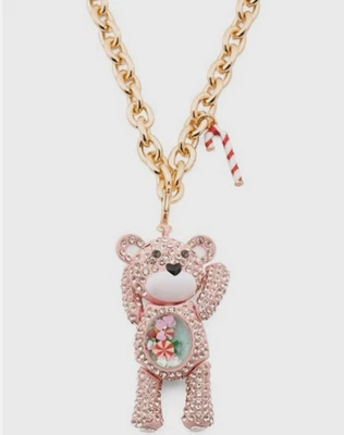 Betsey Johnson Christmas Holiday Bear Snow Globe Necklace Pink - Image 1 of 3