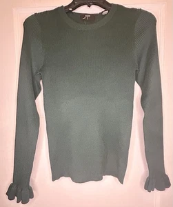 Tahari Large Forest Green Ribbed Long Sleeve Ruffled Cuffs Sweater Top NWT - Picture 1 of 9