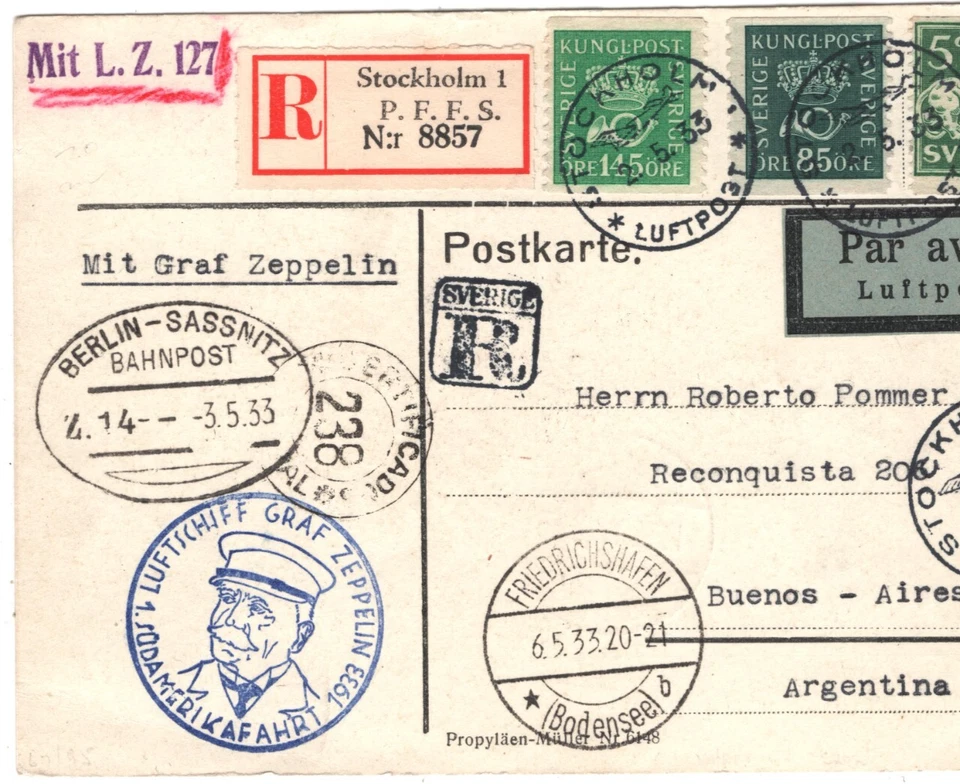 SWEDEN *Treaty* GRAF ZEPPELIN Air Card 1933 *1.SÜDAMERIKAFAHRT* Argentina KZ173 - Image 1 of 4
