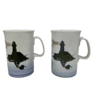Tazze porcellana DUNOON CERAMICS 10 oz faro barche a vela Scozia set di 2 vintage - Foto 1 di 6