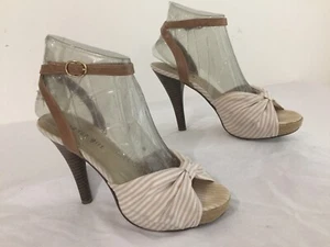 Madden Girl Fritzz Open Toe Strappy Heels Shoes Tan & White Stripe Fabric Sz 7.5 - Picture 1 of 12