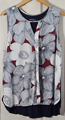 Merona Tank Top Women L Blue White Poppies Sleeveless Keyhole Neck Hi-Low Blouse - Image 1 of 4