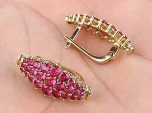 Lab Created Pink Ruby 2.30Ct Round Cut Cluster Earrings 14K Yellow Gold Plated - Picture 1 of 6