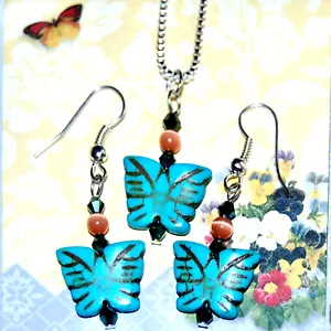 ALPINE ADE DESIGNS TURQUOISE BUTTERFLY BEADED EARRING NECKLACE SET H24 USA MADE - Picture 1 of 3