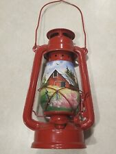 Hand Painted Barn Art Glass Red Oil Lantern Decorative Halvorson Pre Owned