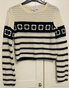 La Ligne Pullover Pulli Baumwolle Häkel weiß mit marine Streifen Gr. S Top Zustand - Bild 1 von 7