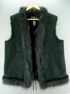 I.N.C. Vest Women's Large Black Suede Faux Fur Trim Sleeveless Open Front - Picture 1 of 10