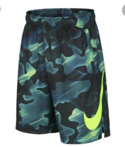nike boy’s kids fly camo green/black/volt training shorts-aa0074-474 SizeM - Picture 1 of 3
