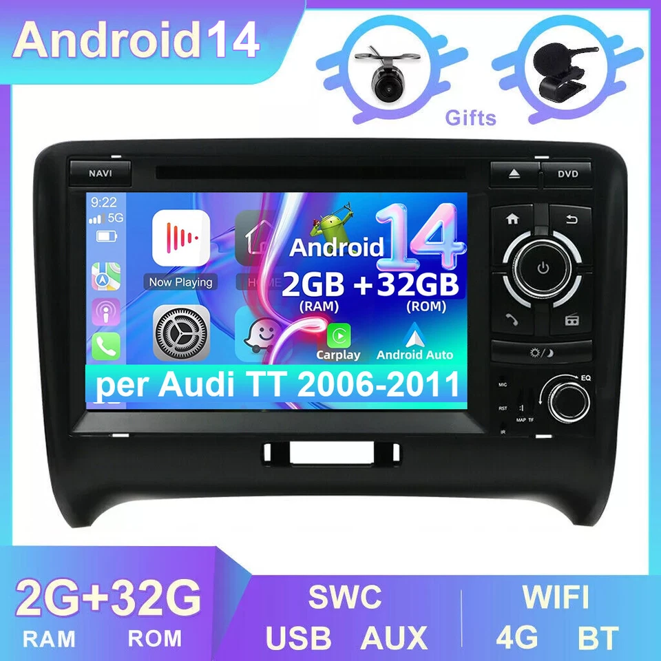 7''Autoradio Stereo per Audi TT 2006-2011 2Din Android 14 GPS WIFI 4G BT SWC DAB - Immagine 1 di 4