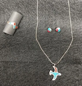 Vtg Navajo Native Am Sterling Silver Turquoise Coral Necklace Earrings & Ring - Picture 1 of 17