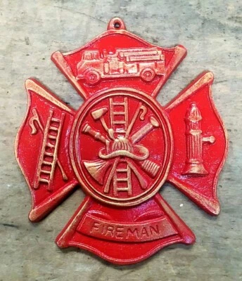 HAND PAINTED Red Fireman Plaque Maltese Firefighter Cross, cast iron 8 x 9 inch - Image 1 of 4
