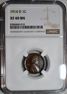 NGC XF-40 BN 1914-D Lincoln Cent, Lightly Lustrous, Chocolate-Brown, Key-Date! - Picture 1 of 4