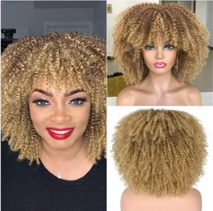 Ombre Blonde Afro Short Kinky Curly Wig with Bangs for Women Cos Glueless Wigs - Picture 1 of 7