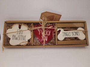Rae Dunn Ceramic Dog Ornaments Stay Pawsitive I Woof You Heart Jingle Bones NIB - Picture 1 of 10