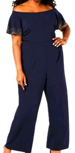 Calvin Klein blue Off Shoulder flutter sleeve Embellished dressy Jumpsuit 18 NWT - Picture 1 of 13