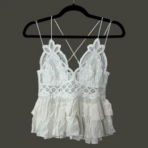 Free People Adella Cami Top White Women Small NWT Crochet Peplum Ruffles Lined - Picture 1 of 8