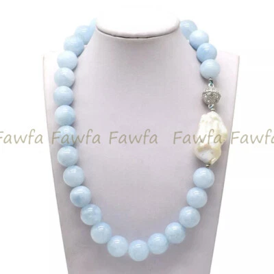 Collar de perlas barrocas Keshi blancas redondas aguamarina azul natural de 6-14 mm Foto 1 de 3