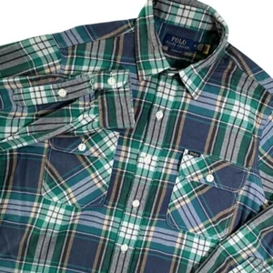 POLO Ralph Lauren camicia flanella uomo M verde blu quadri tasca lavoro camicia casual - Foto 1 di 9