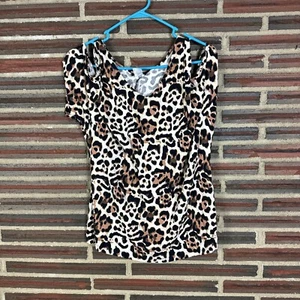 Venus Camiseta Estampado Animal Beige Marrón Manga Corta Hombro Frío Camisa Blusa L - Imagen 1 de 3