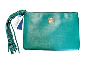 NWT Dooney & Bourke Leaf Green Tasseled Clutch Zip Top Pouch 11" x 8" - Picture 1 of 7
