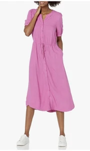 Amazon Essentials Size S Pink A-Line Dress Half Sleeve Midi Tie Relaxed Fit - Picture 1 of 12