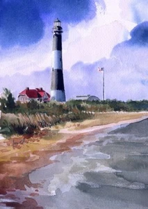 Fire Island Lighthouse, New York. Beach, Clouds & Flag. James Mann Art Prints - Picture 1 of 2