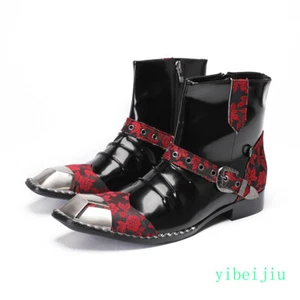 Men's Cap Steel Metal toe Ankle Boots Pleated Floral Chukka Shoes Studded Party - Picture 1 of 8