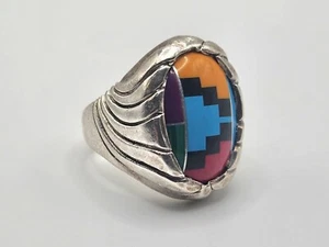 Old Pawn Unisex Biker Navajo Inlaid Turquoise Onyx Malachite Ring Sz 11.5 - Picture 1 of 7