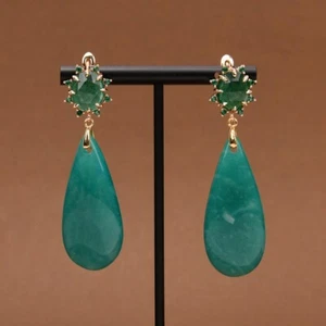 Natural Green Amazonite Stone Gold Plated Green Jades CZ Stud Dangle Earrings - Imagen 1 de 7