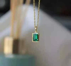 2Ct Emerald Cut Natural Green Emerald Solitaire Pendant 14K Yellow Gold Plated - Picture 1 of 8