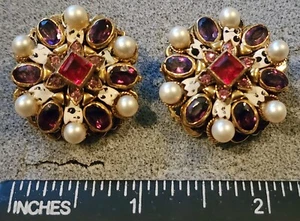 RARE Vintage Earrings w/ Amethyst?, Faux Pearls & Stones by R. De Rosa - Picture 1 of 5